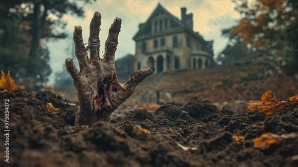 Fototapeta Spooky Halloween scene with a rotting zombie hand emerging from the soil, a ghostly mansion in the distance