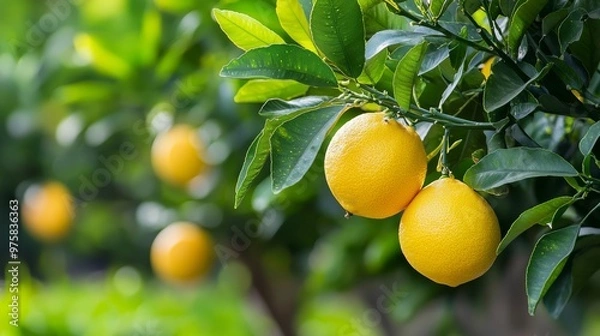 Fototapeta  A sunny day reveals a grove of lemon trees, their green leaves framing clusters of golden lemons dangling enticingly