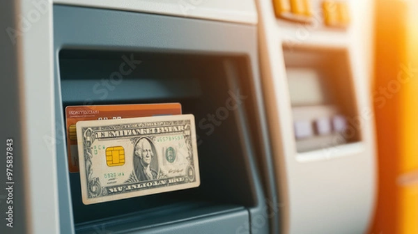 Obraz ATM with cash and card inserted, depicting modern banking convenience alongside traditional currency, highlighting seamless transactions in daily life