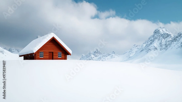 Fototapeta Solitary Cabin in Winter Landscape, vibrant wooden cabin nestled in pristine snow, towering mountains in the background, serene atmosphere under a cloudy blue sky.