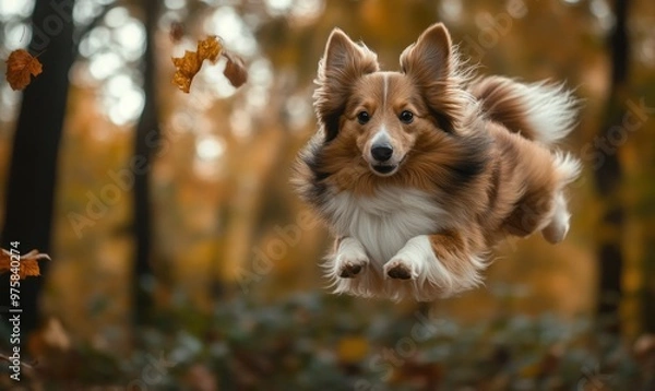 Fototapeta A Shetland Sheepdog in a mid-air jump, captured against a forest background