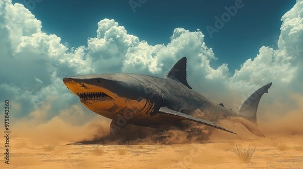 Fototapeta Massive shark emerging from desert sand under dramatic cloudy sky