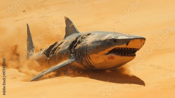 Fototapeta Worn shark swimming through desert dunes with sandstorm backdrop