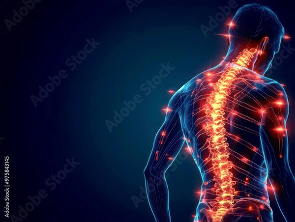 Fototapeta Illustration of a human spine with glowing lights, representing anatomy and neural pathways in a dark background.