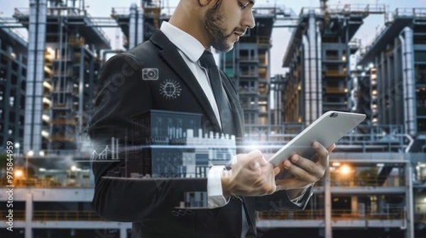Fototapeta A businessman using a digital technology tablet in an industrial setting, representing digital transformation.