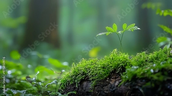 Fototapeta  A small plant emerges from a moss-covered log in the heart of the verdant forest, its leaves just beginning to unfurl