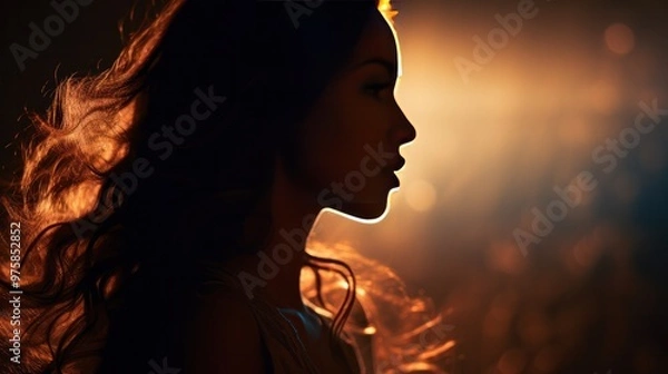 Obraz A captivating silhouette of a woman's head with soft, dim lighting that casts intriguing shadows,
