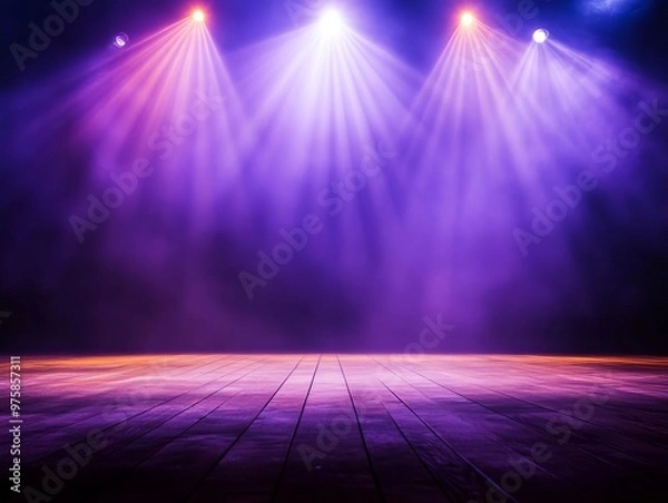 Fototapeta A vibrant stage illuminated by colorful lights, ready for a performance with dramatic ambiance and an inviting atmosphere.