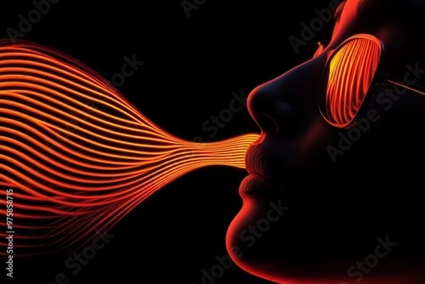 Fototapeta Abstract silhouette of a face with red and orange glowing wavy lines flowing from the lips symbolizing speech communication and energy in a minimalist digital design