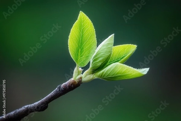 Fototapeta Fresh green leaves sprouting from a branch, symbolizing new growth and nature's renewal against a soft, green background.