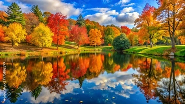 Fototapeta autumn, water, lake, fall, landscape, trees, river, sky, nature, tree, reflection, forest, blue, park, pond, foliage, leaves, green, colorful, season, yellow, orange, color, colors, clouds