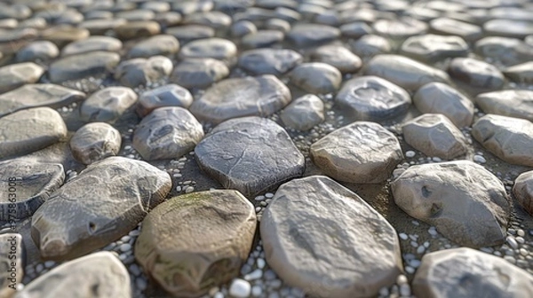 Fototapeta A close-up view of smooth pebbles arranged on a pathway at sunset in a tranquil garden setting