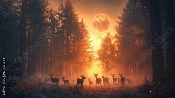 Fototapeta Deer in the Twilight Forest.