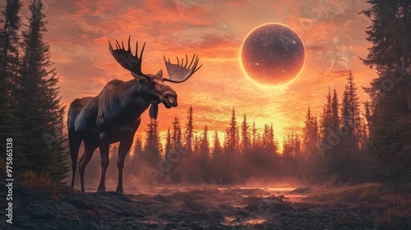 Fototapeta Moose Silhouetted Against a Red Sky with a Starry Moon.