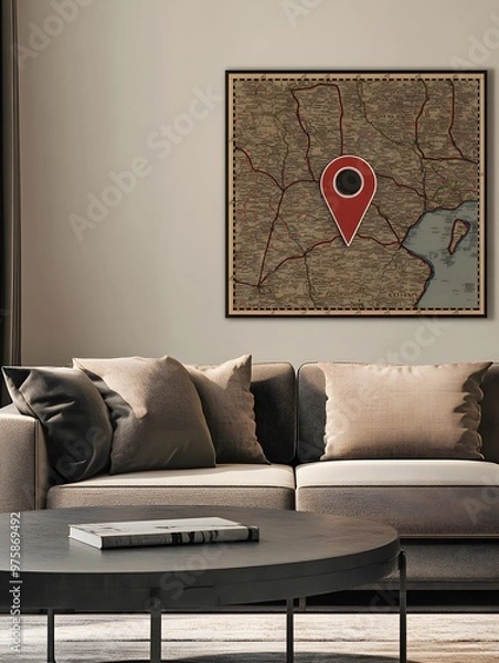 Fototapeta Vintage Map Decor with Red Pin on Modern Sofa
