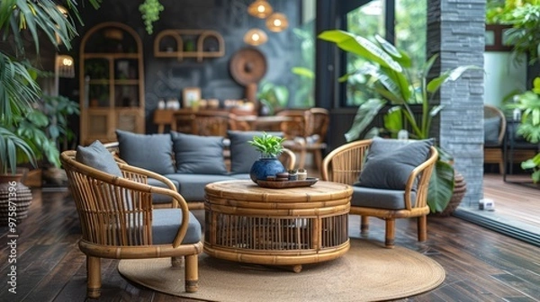 Obraz Rustic furniture and vibrant greenery fill the cozy living space, inviting relaxation and comfort in a serene indoor setting