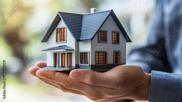 Fototapeta Real estate agent presents a house model, showcasing home insurance options and security concepts for affordable housing solutions.