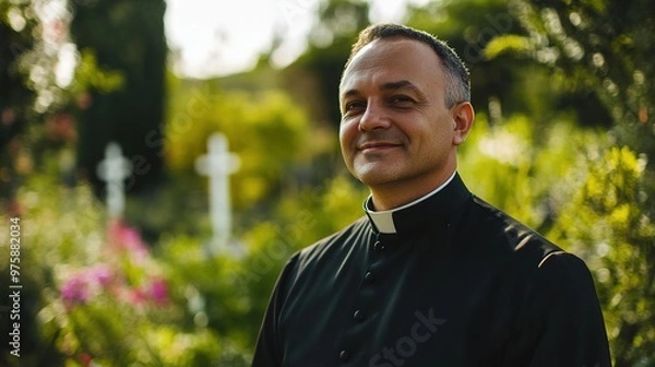 Fototapeta A portrait of a Catholic priest outdoors, with a peaceful expression and a scenic church garden in the background