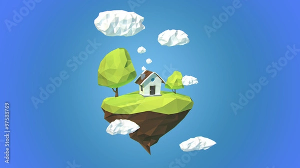 Obraz Floating island with house and clouds in the sky