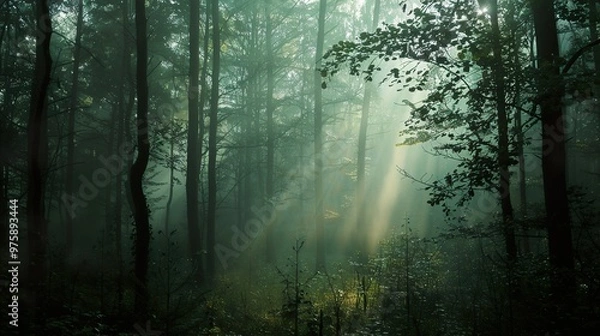 Fototapeta Sunlight beams through the mist in a dense forest.