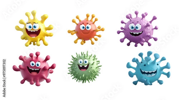 Fototapeta Set of 3D cute happy cartoon Bacteria and virus isolated on transparent background