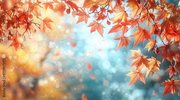 Fototapeta Vibrant red and orange maple leaves against a soft blue and yellow bokeh background.