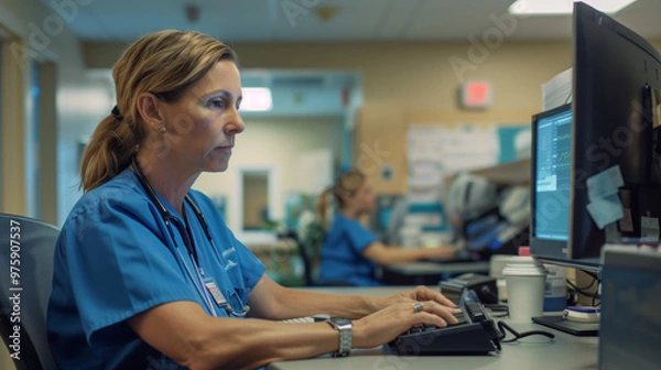 Fototapeta Healthcare professional in blue scrubs focuses on  computer. Busy hospital setting features another staff member working nearby, collaborative , teamwork. Nurse, medical work