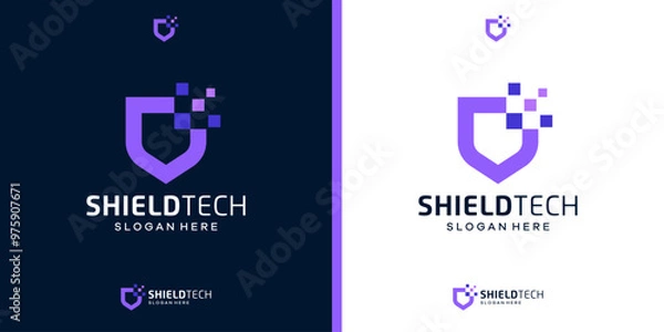Fototapeta Abstract shield logo design vector. Colorful data digital technology security design icon