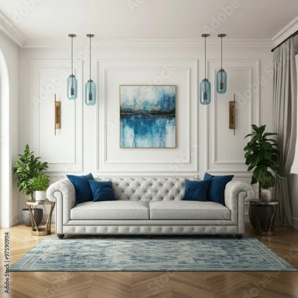 Fototapeta A mid-century modern living room, dark teal accent wall, large textured art canvas, teal velvet sectional sofa with colorful patterned throw pillows, wood floors, potted plant decor, industrial pendan