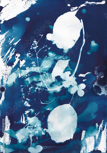 Fototapeta Cyanotype abstract blueprint with flowers