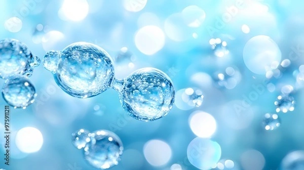 Fototapeta Translucent light blue water molecules are depicted in macro detail, showcasing crystal-clear spheres and floating bubbles in a soft-focus, scientific visualization.