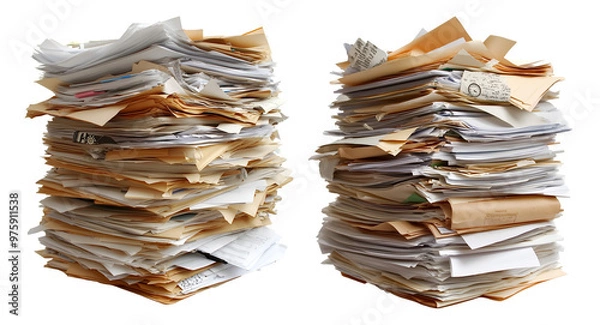 Fototapeta Stacks of cluttered papers and documents for office, organization, and workload concepts, Cutout, Isolated on White Background