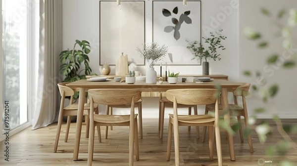 Obraz Modern Dining Room with Wooden Table and Chairs, Minimalist Interior Design, Natural Greenery Decoration, Bright and Cozy Home Setting, HD Contemporary Home Decor Scene