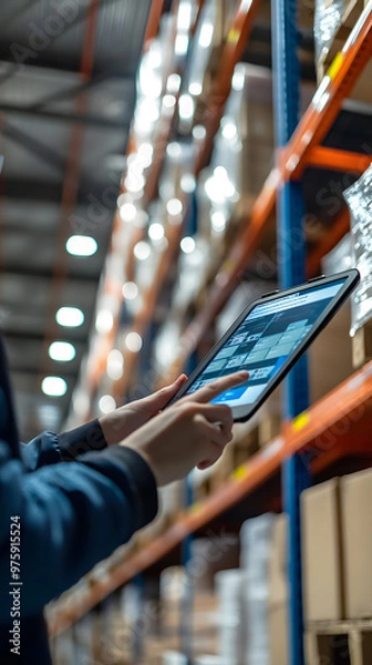Fototapeta Employee managing stock using a tablet in warehouse
