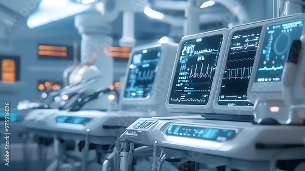 Fototapeta Medical monitoring equipment in modern hospital environment.