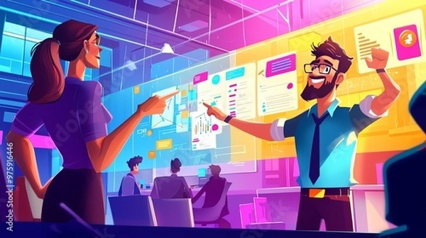 Fototapeta Team collaboration and brainstorming session in modern office with digital screens, featuring diverse professionals engaged in a meeting.