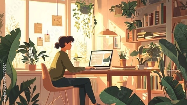 Obraz Woman working on a laptop in a cozy, plant-filled home office with sunlight streaming in through the windows.