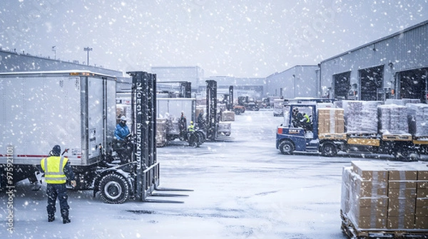 Fototapeta Snowfall in an active warehouse yard with trucks and pallets.