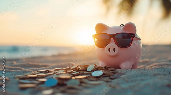 Fototapeta A piggy bank wearing sunglasses and relaxing on a beach with coins around it, symbolizing saving for leisure and retirement.