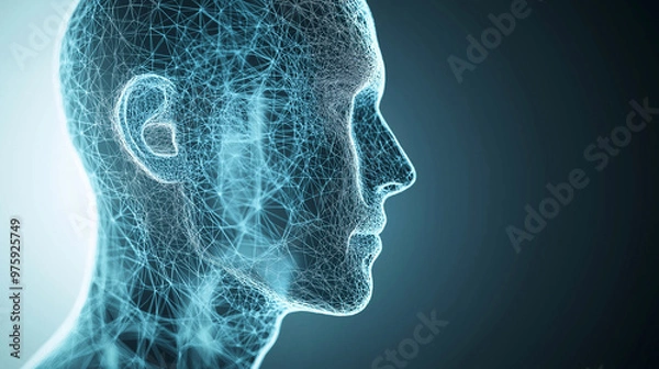 Obraz A wireframe-style 3D vector of a human face, with layers showing visible skin structure and invisible underlying bone and muscle networks.