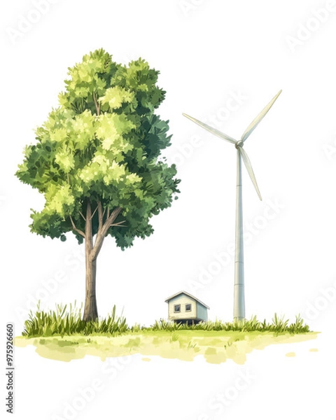 Fototapeta A serene landscape featuring a tree, wind turbine, and a small house, symbolizing sustainable energy and harmony with nature.