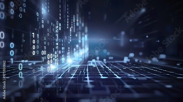 Obraz Abstract technology background featuring binary code and light beams in a blue color scheme, showcasing a high-resolution, upscale data flow concept.