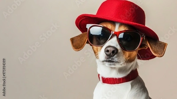 Obraz A stylish dog wearing sunglasses and a red hat, posing against a neutral background. 