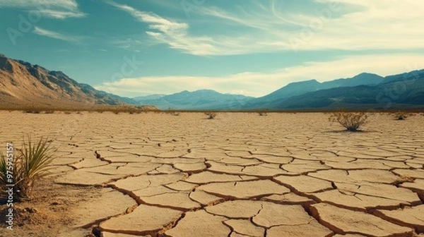 Fototapeta A dried-up desert lakebed, with cracked earth spreading out in all directions and distant mountains in the background.