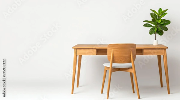 Fototapeta A sleek, contemporary teak desk with an ergonomic chair, styled with recycled office accessories, emphasizing an ecofriendly workspace