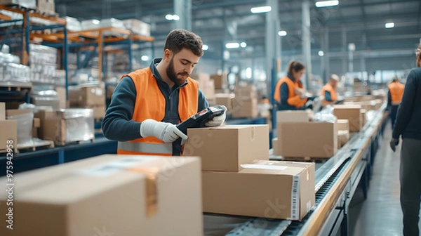Obraz Warehouse worker in orange vest checking logistics