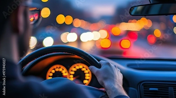 Fototapeta Blurry vision while driving, showing the dangerous impact of cataracts on everyday tasks.