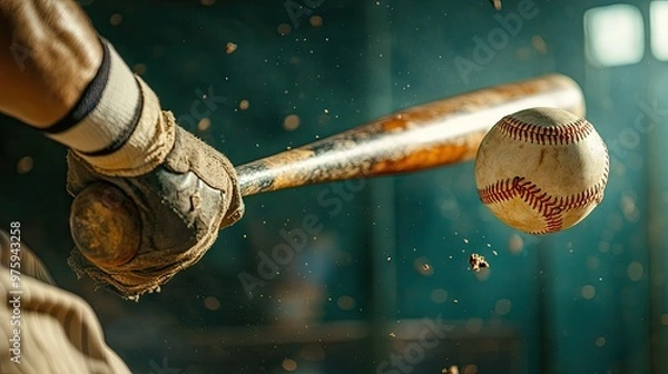 Fototapeta Close-up of a baseball player swinging a bat, with the ball just about to be hit.