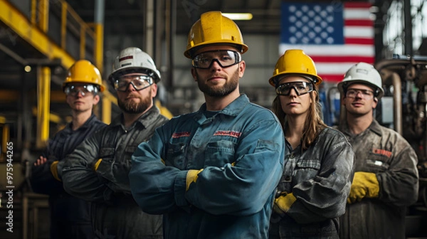 Fototapeta Industrial team in safety gear with American flag backdrop