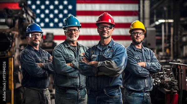 Fototapeta Factory team in denim overalls under American flag